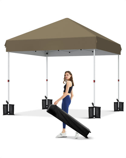 GarveeLife 10x10 Pop Up Canopy with One Button Push Setup - Heavy Duty Outdoor Canopy Tent with Portable Roller Bag - 3 Adjustable Height, 4 Weight Bags, 8 Stakes & 4 Guy Ropes Included, Khaki