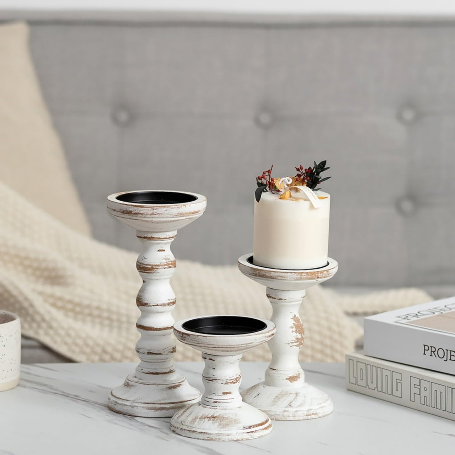 Candeldo Wood Candle Holders for Pillar: Rustic Candles Holder Set of 3 Tall Table Centerpiece Shabby Chic Decor Wooden White Farmhouse Decorations for Fireplace Mantle