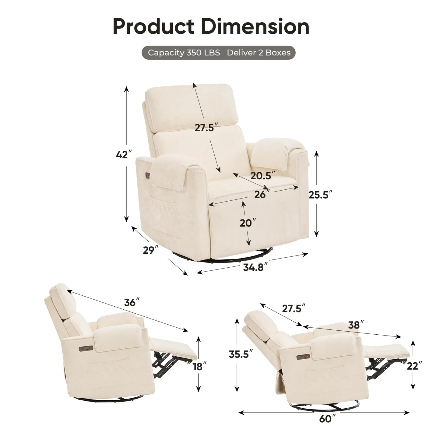 Rhevoy Oversized Power Rocker Recliner Chair, 26" Extra Wide Swivel Recliner with Adjustable Headrest, Chenille Glider Rocking Nursery Chair with Overstuffed Armrest, USB Ports, Cream