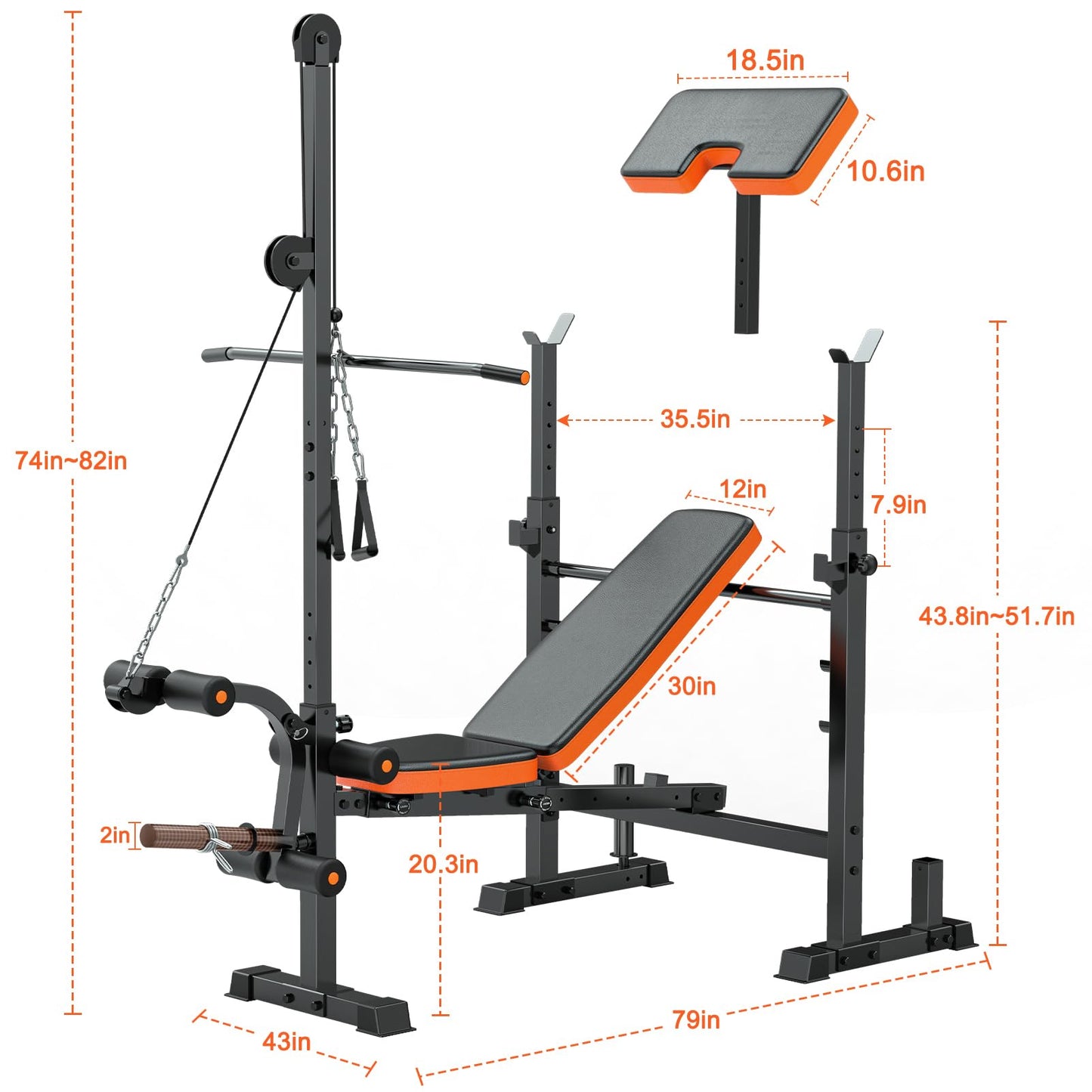 Fostoy 8-in-1 Adjustable Olympic Weight Bench with Lat Pulldown, Row, Squat Rack & Leg Curl – MultiFunction Strength Training Bench Press for Adjustable Seat for Home Gym(8in1 Olympic Weight Bench)