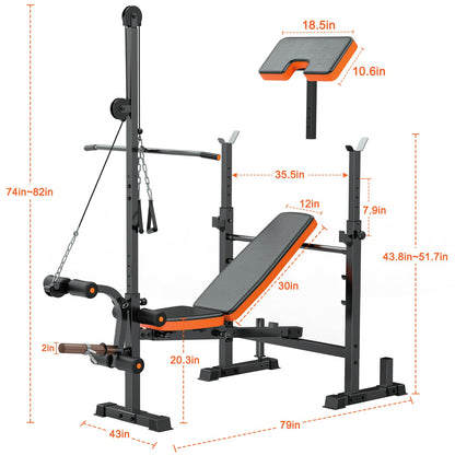 Fostoy 8-in-1 Adjustable Olympic Weight Bench with Lat Pulldown, Row, Squat Rack & Leg Curl – MultiFunction Strength Training Bench Press for Adjustable Seat for Home Gym(8in1 Olympic Weight Bench)