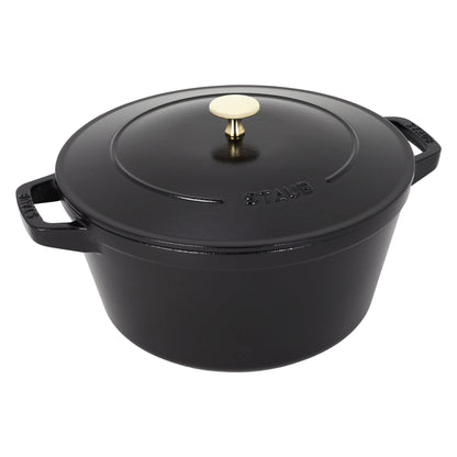 STAUB Cast Iron Set 4-pc, Stackable Space-Saving Cookware Set, Dutch Oven, Skillet, Grill Pan with Universal Lid, Made in France, Matte Black