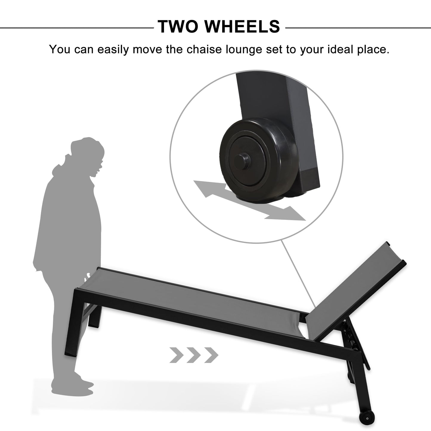 PURPLE LEAF Outdoor Chaise Lounge with Wheels for Outside 2 Pieces Aluminum Patio Lounge Chair with 5 Adjustable Position Sunbathing for Patio, Beach, Yard, Pool, Side Table Included, Grey