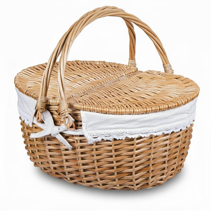 Wicker Picnic Basket with Lid and Handle 15" Sturdy Woven Body with Washable Lining for Easter,Mother's Day,Outdoor Camping,Not Dyed