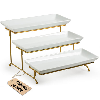 LAUCHUH Large 3 Tier Serving Stand Tiered Serving Trays with Collapsible Sturdier Rack Porcelain Serving Trays and Platters for Fruit Dessert Presentation Mother's Day Party Display Set, 14 Inch