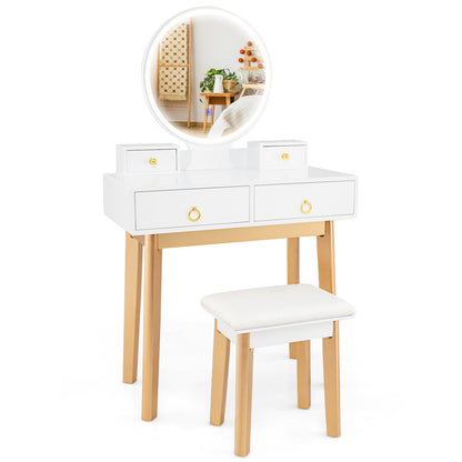 CHARMAID Vanity Desk with Mirror and Lights, White Makeup Vanity Desk with 4 Drawers, 3 Color Lighting Modes, Adjustable Brightness, Modern Dressing Table with Vanity Stool for Girls Small Bedroom