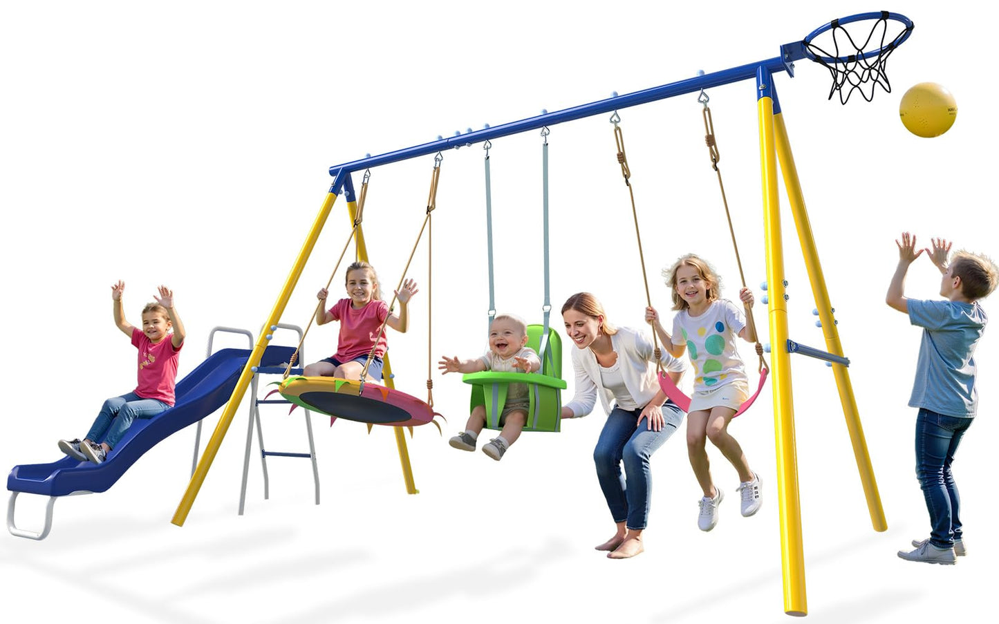 JYGOPLA Metal Swing Sets for Backyard, 5-in-1 Kids Swing Set Slide Combo with Saucer Swings, Baby Safety Swing & Basketball Hoop for Ages 3-12