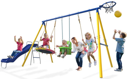 JYGOPLA Metal Swing Sets for Backyard, 5-in-1 Kids Swing Set Slide Combo with Saucer Swings, Baby Safety Swing & Basketball Hoop for Ages 3-12