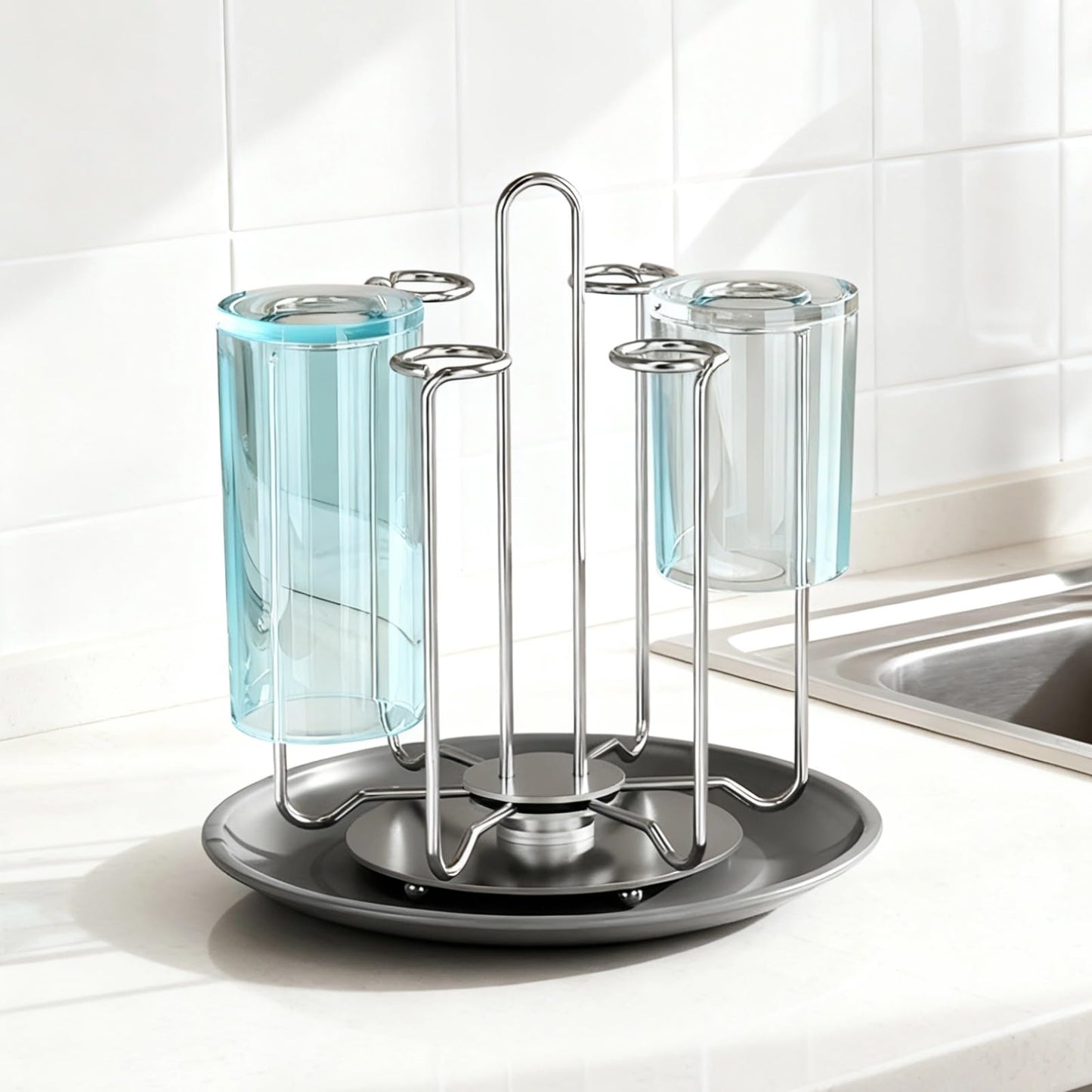 Toyosport Stainless Steel 4 Cups Mug Drying Rack, Rotating Bottle Drying Holder, Countertop Cup Drying Rack with Drain Tray, Space Saving