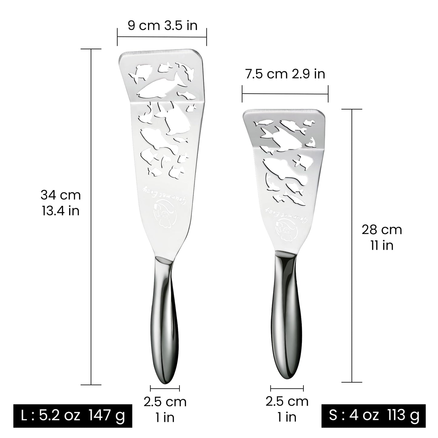 Stainless Steel Fish Spatula Set – Funky Fish Edition, 1 Large Fish Turner + 1 Small Metal Spatula, Ultra-Thin Edge for Easy Turning & Flipping, Ergonomic Non-Slip Handle, Dishwasher Safe