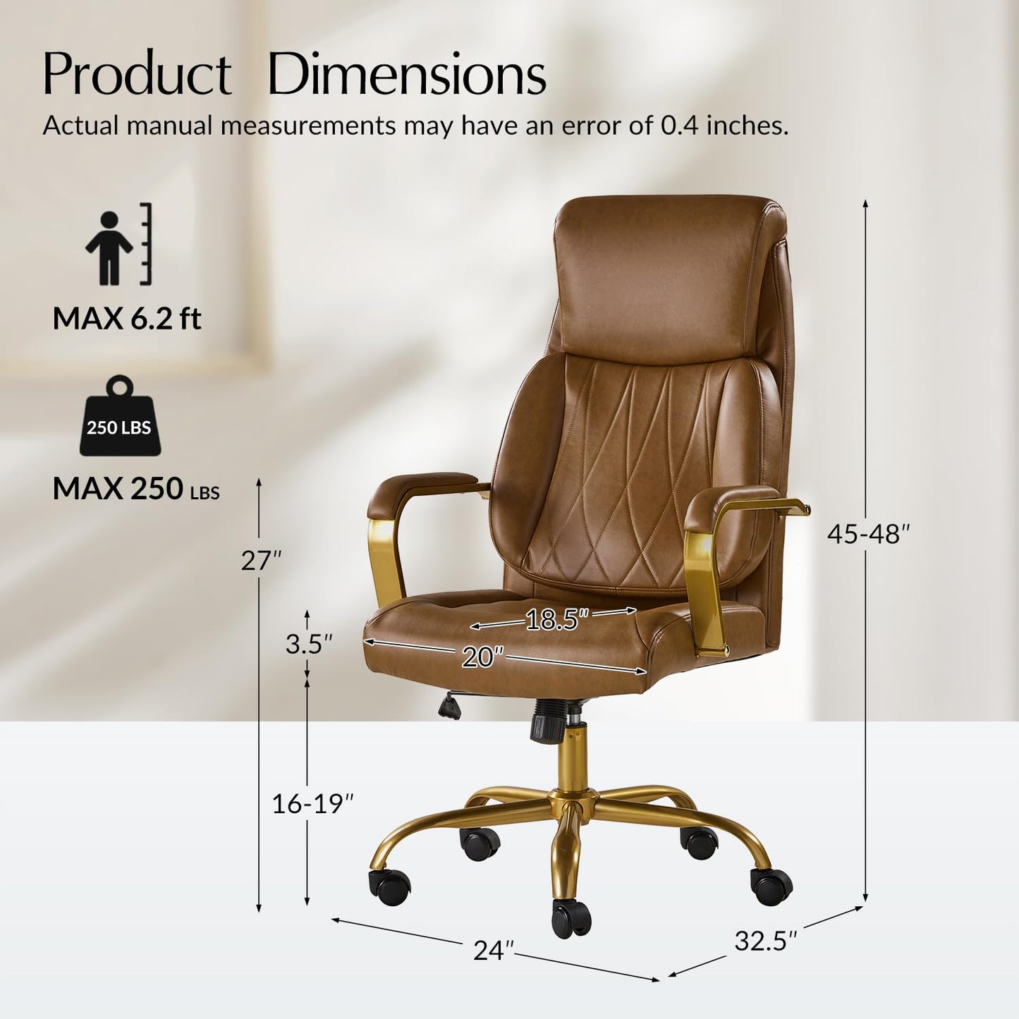 HULALA HOME Executive Office Chair, Adjustable Airbag Lumbar Support, Modern Leather Ergonomic Office Chair with Padded Armrests, Tilting & Swivel, Camel and Gold
