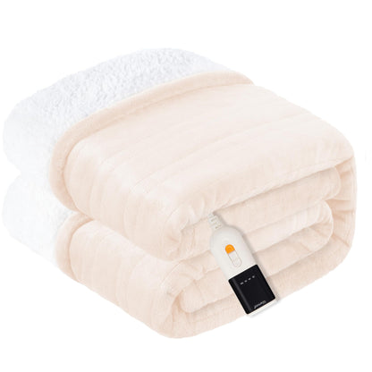 Warmrest Heated Blanket Electric Throw Soft Flannel Sherpa, 6 Heat Levels Fast Heating, 2 to 10 Hours Auto-Off Detachable Controller Machine Washable, Beige 50"x60"