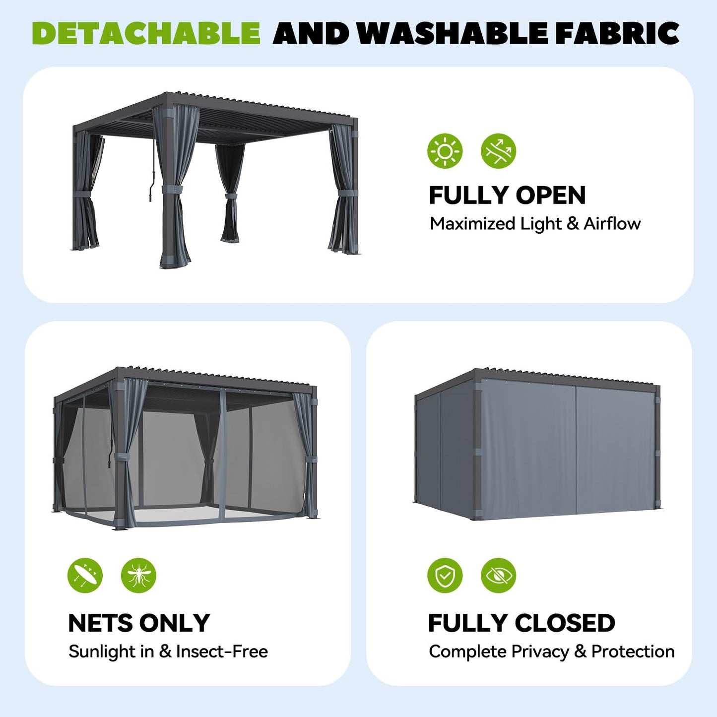 MELLCOM Louvered Pergola 10x12, Outdoor Rustproof Shelter with Adjustable Roof, Steel Aluminum Gazebo with Waterproof Curtains and Netting for Patio Deck, Dark Grey
