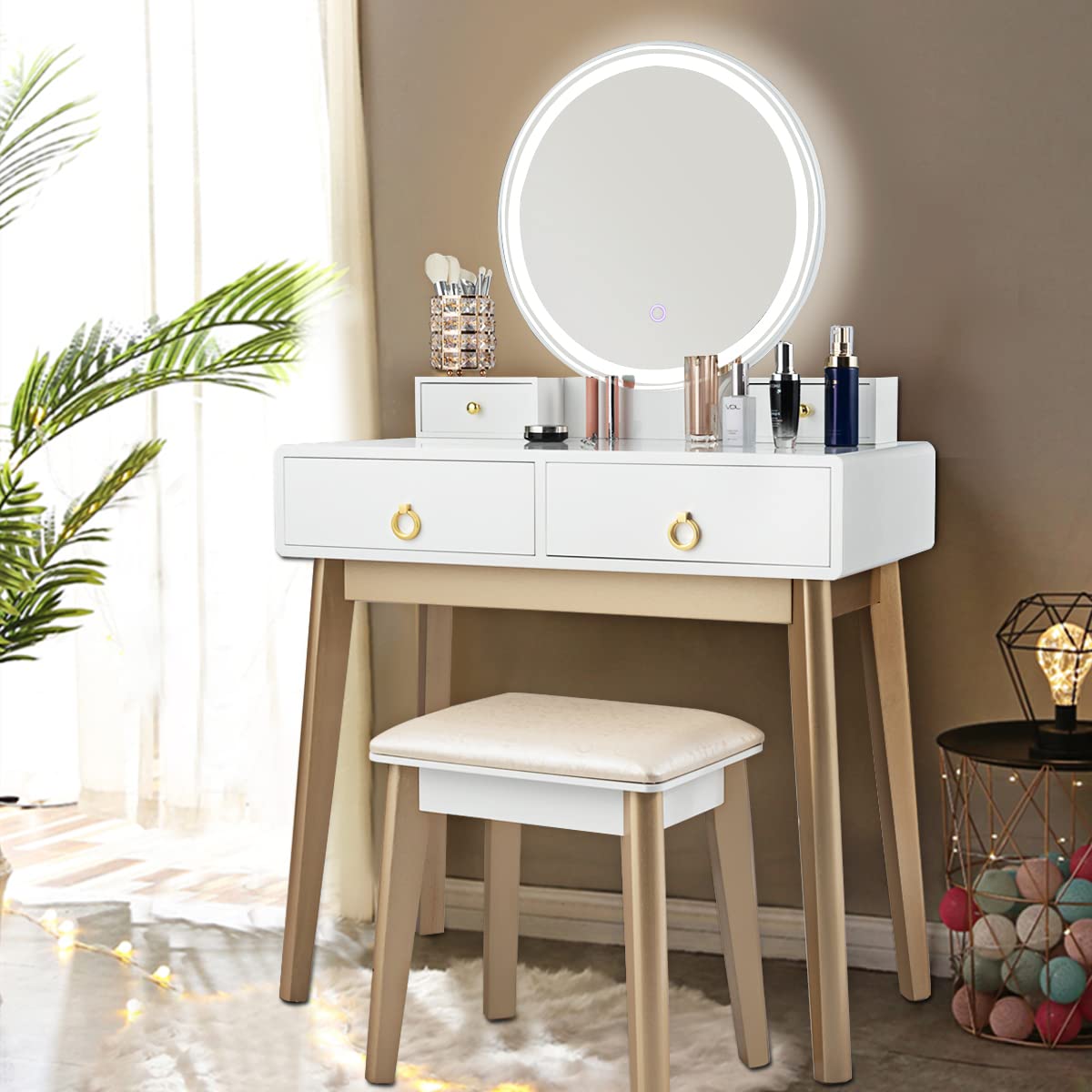 Nightcore Vanity Set, Makeup Vanity w/Round Lighted Mirror, Vanity Desk w/Cushioned Stool, 4 Drawers Modern Home Dressing Table for Girls & Women, White