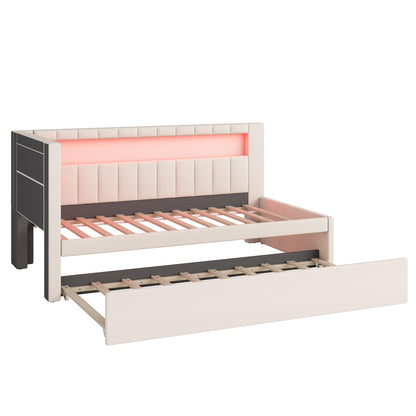 DNYN Upholstered Twin Size Daybed with Trundle for Bedroom,Apartment,Solid Wood Bedframe w/USB Ports & LED Design,Super Save Space & No Box Spring Needed, White