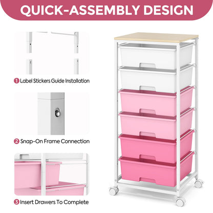 Rolling Storage Cart with 6 Drawers and Wooden Tabletop, Lockable Wheels Utility Cart for Art Studios, Office Supplies & Craft Room Organization (Pink)