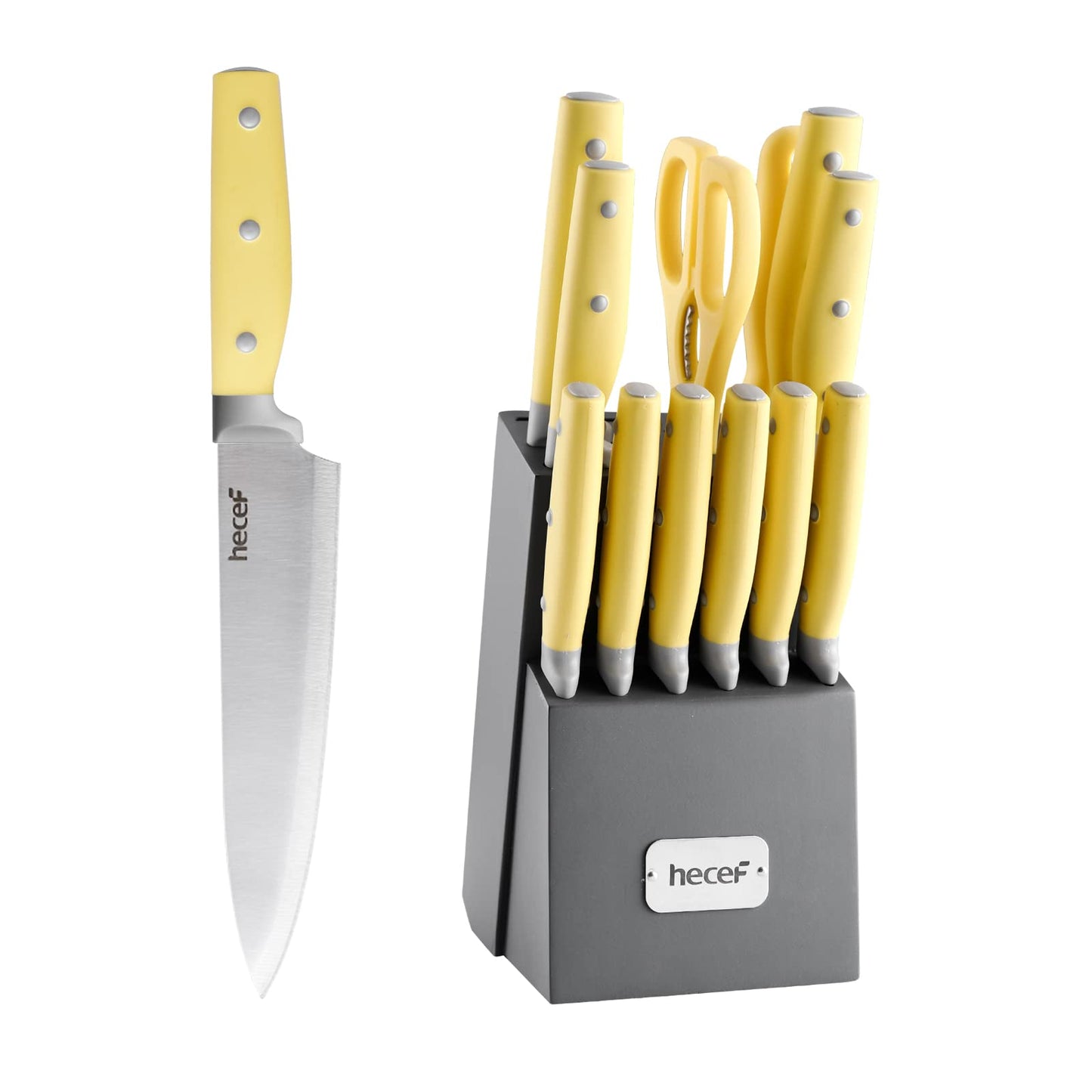 hecef Kitchen Knife Block Set, 14 Pieces Knife Set with Wooden Block & Sharpener Steel & All-purpose Scissors, High Carbon Stainless Steel Cutlery Set (Yellow)
