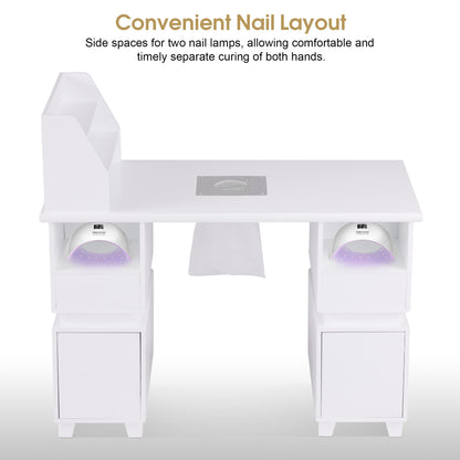 BarberPub Professional Nail Station Desk Manicure Table with Electric Dust Collector, Nail Makeup Desk with Shelves, Storage Beauty Salon Workstation with 4 Drawers Storage Cabinets VC258 (White)
