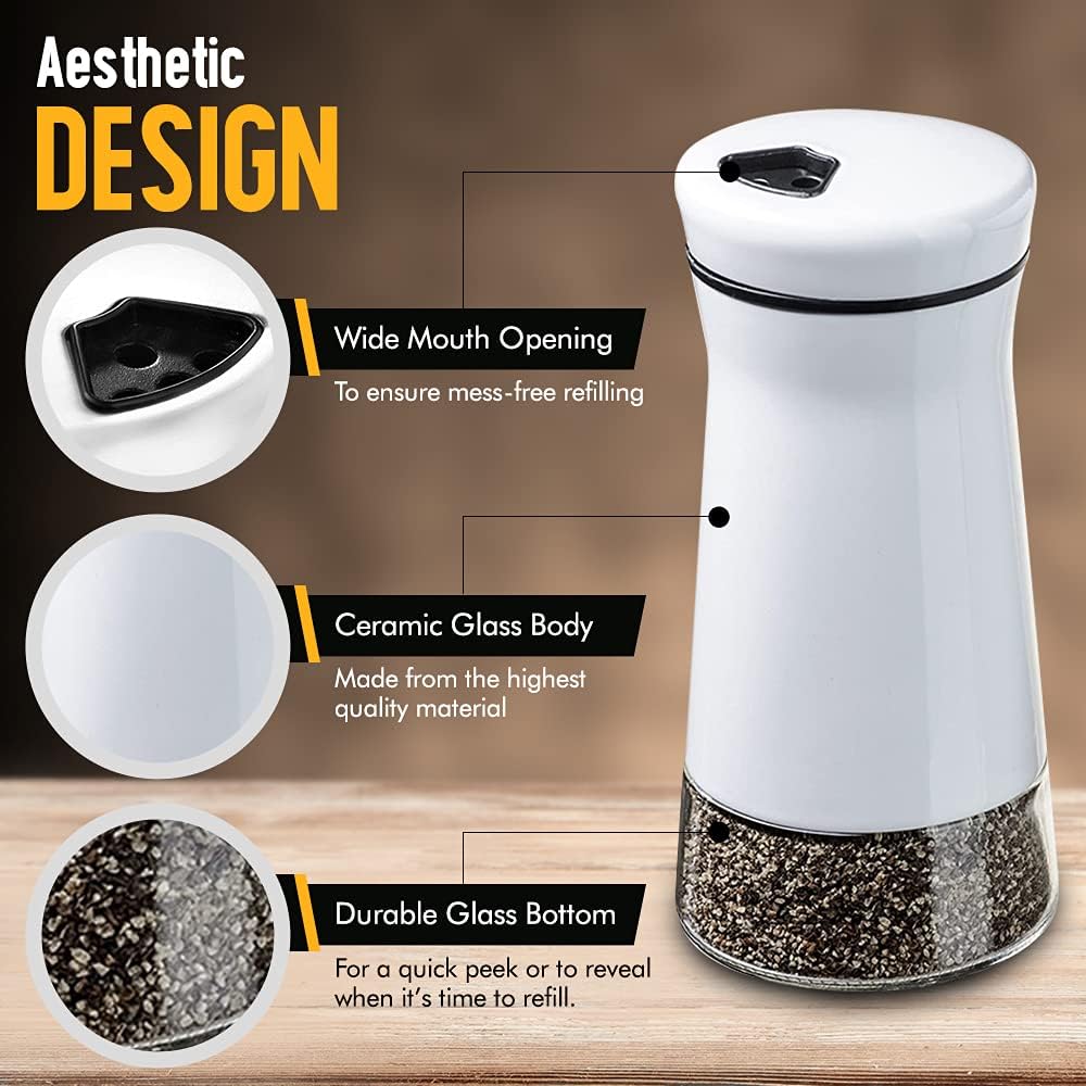The Original Salt and Pepper Shakers Set - White Spice Dispenser with Adjustable Pour Holes, Stainless Steel & Glass,