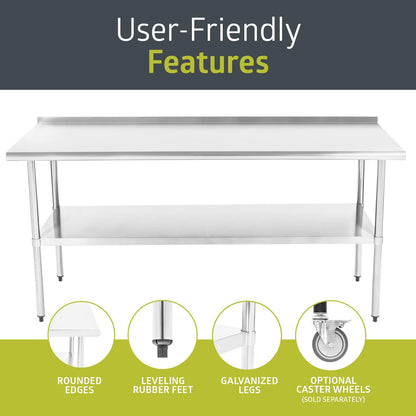Pearington NSF Certified Stainless Steel Kitchen Prep and Work Table, Commercial Work Table for Restaurant and Home, 72" x 30", Stainless Steel
