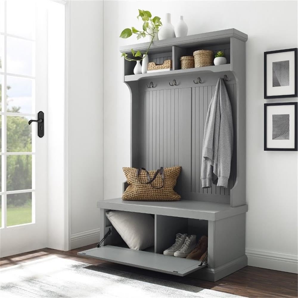 Pemberly Row Coastal Wood Hall Tree, Distressed Gray and Chrome Finish, 64.5" H x 40" W x 18.5" D, Entryway Bench with Coat Rack, Storage Cubbies, Beadboard Accents for Mudroom or Foyer