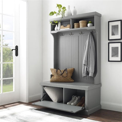 BOWERY HILL Coastal Wood Hall Tree, Distressed Navy Finish, 64.5" H x 40" W x 18.5" D, Solid Poplar Wood and Particle Board, Bench Seat, 4-Hook Coat Rack, Storage Shelves, Entryway Furniture