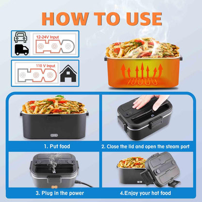 Nifogo Electric Lunch Box for Adults 80W Portable Heated Lunch Box for Men 3 in 1 Portable Food Warmer 110V/12V/24V with 1,8L Removable Stainless Steel Container & Bag(Black)