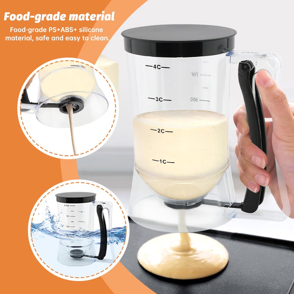 Pancake Batter Dispenser With Squeeze Handle Set, No Mess & Easy Pour, Includes Muffin, Hexagram, Heart and Flower Rings, Pastry Brush and Spatula – Ideal for Pancakes, Waffles and Cupcakes