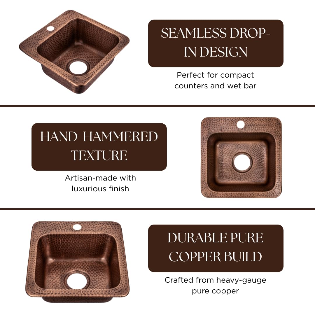 Monarch Abode Kitchen & Bar Sink – 15-inch Baxter Drop in Small Bar Sink, Hand Hammered Pure Copper Sinks with Faucet Hole for Wet Kitchens, Decorative Kitchen Sinks, Single Drop in RV Sinks