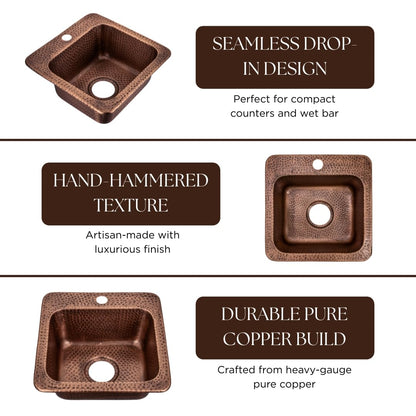 Monarch Abode Kitchen & Bar Sink – 15-inch Baxter Drop in Small Bar Sink, Hand Hammered Pure Copper Sinks with Faucet Hole for Wet Kitchens, Decorative Kitchen Sinks, Single Drop in RV Sinks