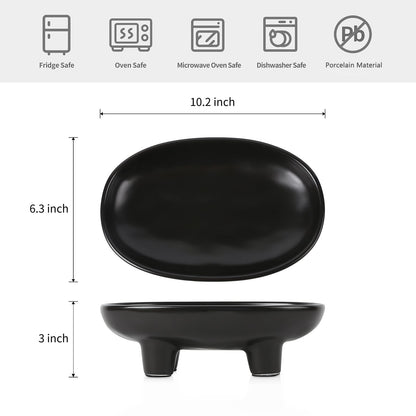 Sureasy 10 Inch Ceramic Fruit Bowl for Kitchen Counter, Decorative Bowl for Home Décor, Modern Pedestal Bowl with 4-Legs, Oval Footed Bowls, Fruit and Vegetable Holder Countertop, Black