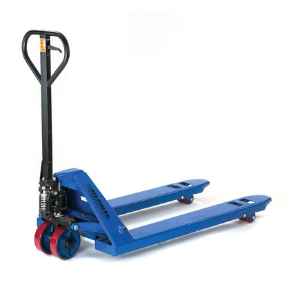 Global Industrial High Capacity Pallet Jack with 27" W x 42" L Forks, 6600 Lb. Capacity, Manual Duty Truck for Warehouse, Manufacturing and Retail, Blue Powder Coat Finish