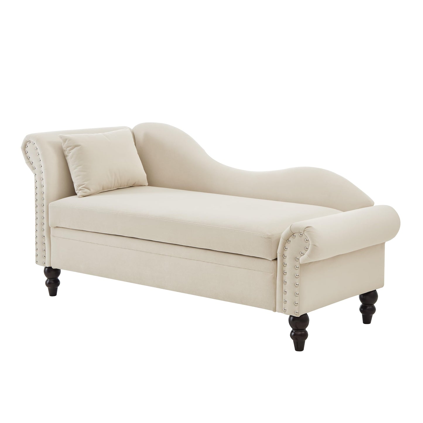 ERYE Velvet Upholstered Right Facing Chaise Lounge Chair, Beige Chaise Lounge Storage W/Nailhead Trim, Wood Legs, Classic Recliner Lounger Accent Sofa for Living Room Bedroom