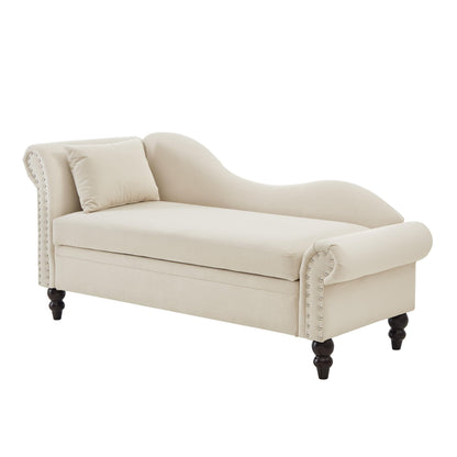 ERYE Velvet Upholstered Right Facing Chaise Lounge Chair, Beige Chaise Lounge Storage W/Nailhead Trim, Wood Legs, Classic Recliner Lounger Accent Sofa for Living Room Bedroom