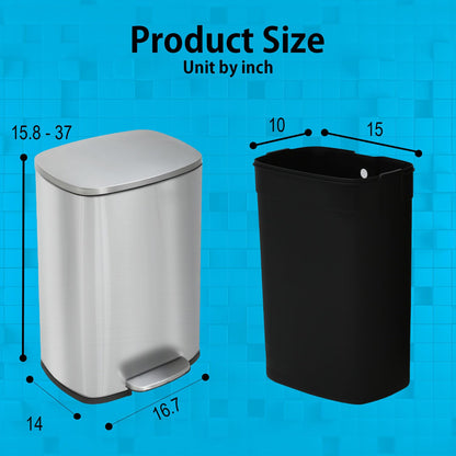 BestMassage 13 Gallon (50L) Stainless Steel Trash Can with Lid, Removable Inner Bucket, Foot Pedal, Soft Close for Home, Kitchen, Office
