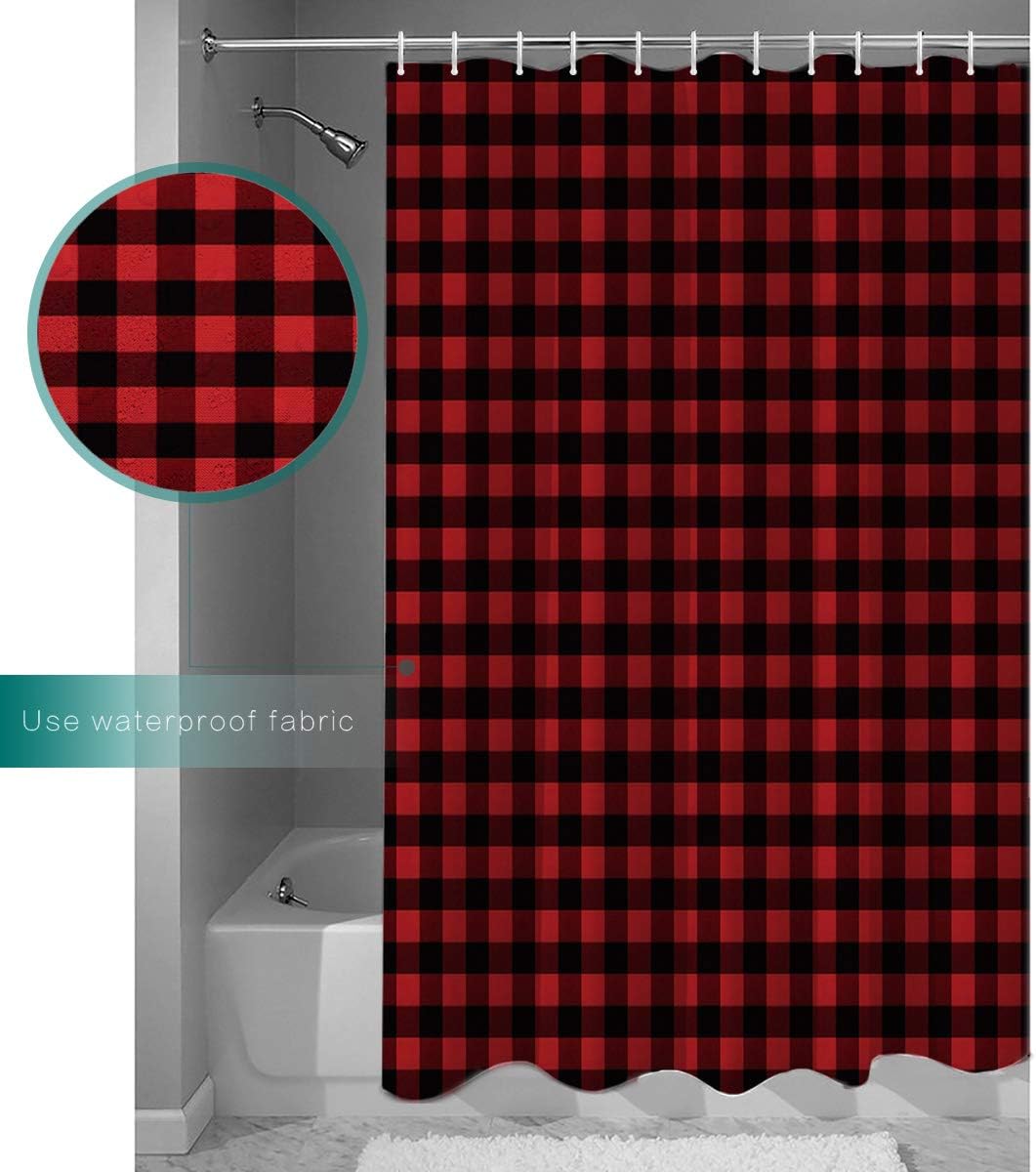 Vandarllin Fabric Shower Curtain, 48X72 Inch, Waterproof Washable Rustic Red Black Buffalo Check