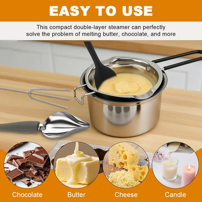 Stainless Steel Double Boiler Melting Pot (600/1600ML) & Silicone Scraper,Tridented Tool,Chocolate Spoon,Large Capacity Chocolate Melting Pot for Butter Candy Butter Cheese Making