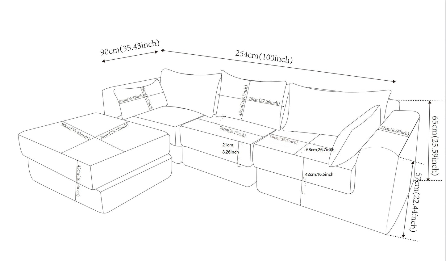 Trygoal 100" Sectional Boneless Couches Set for Living Room, Movable L Shaped Upholstered Modular Couch with 5 Pillows, DIY Combination Cloud Sofa for Apartment & Bedroom, White