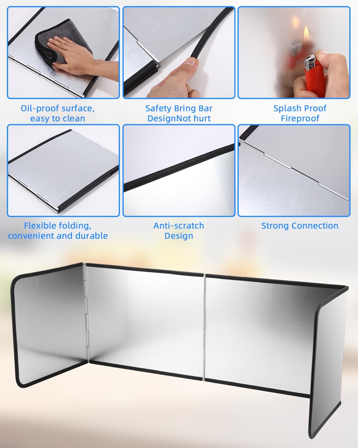 4 Sided Splatter Guard Foldable Stainless Steel Stove Splash Guard 11.8″ Height Oil Splatter Screens for Frying Kitchen Backsplash Protector Nonstick Oil Splatter Guard for Cooking