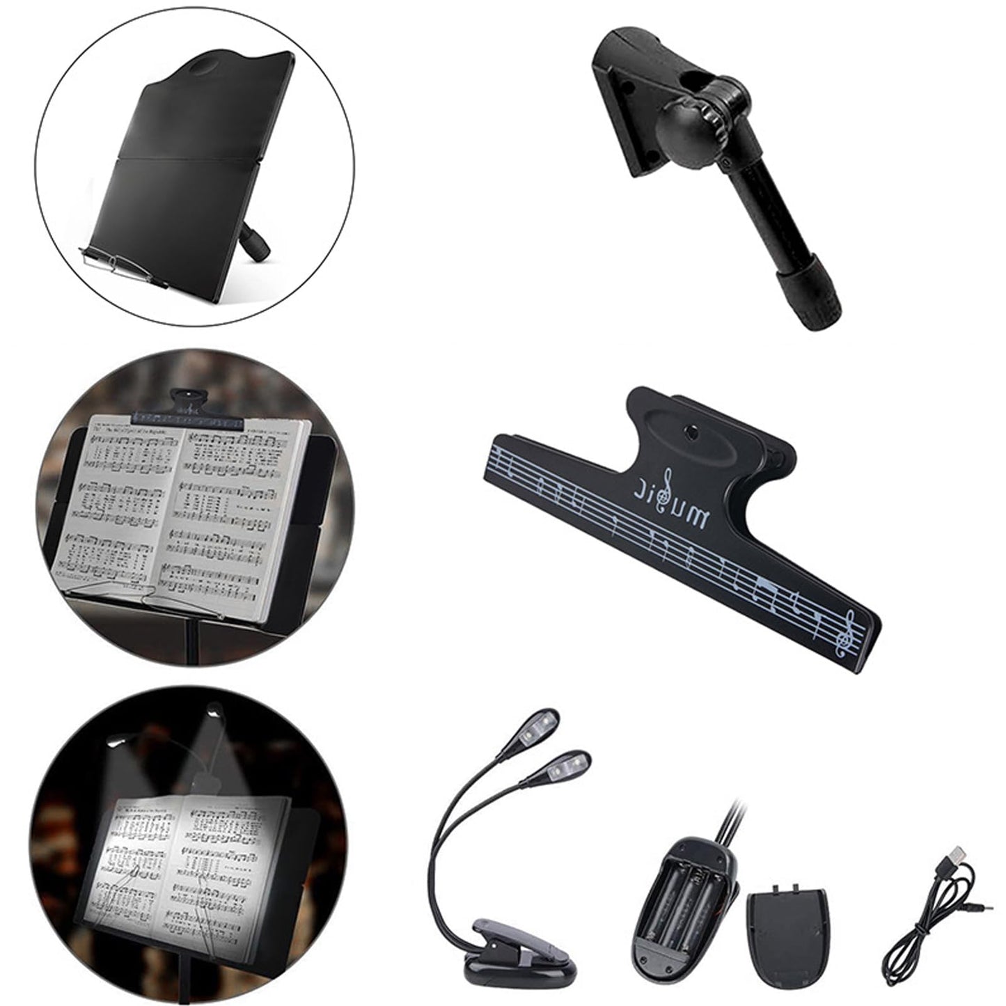 icVantA Portable Music Stand, Sheet Music Stand with Bag & Light, with Folding Tray, Stable, Height Adjustable, Bearing 4kg, for Instrumental Performance & Band & Travel, Easy to Install