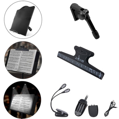 icVantA Portable Music Stand, Sheet Music Stand with Bag & Light, with Folding Tray, Stable, Height Adjustable, Bearing 4kg, for Instrumental Performance & Band & Travel, Easy to Install