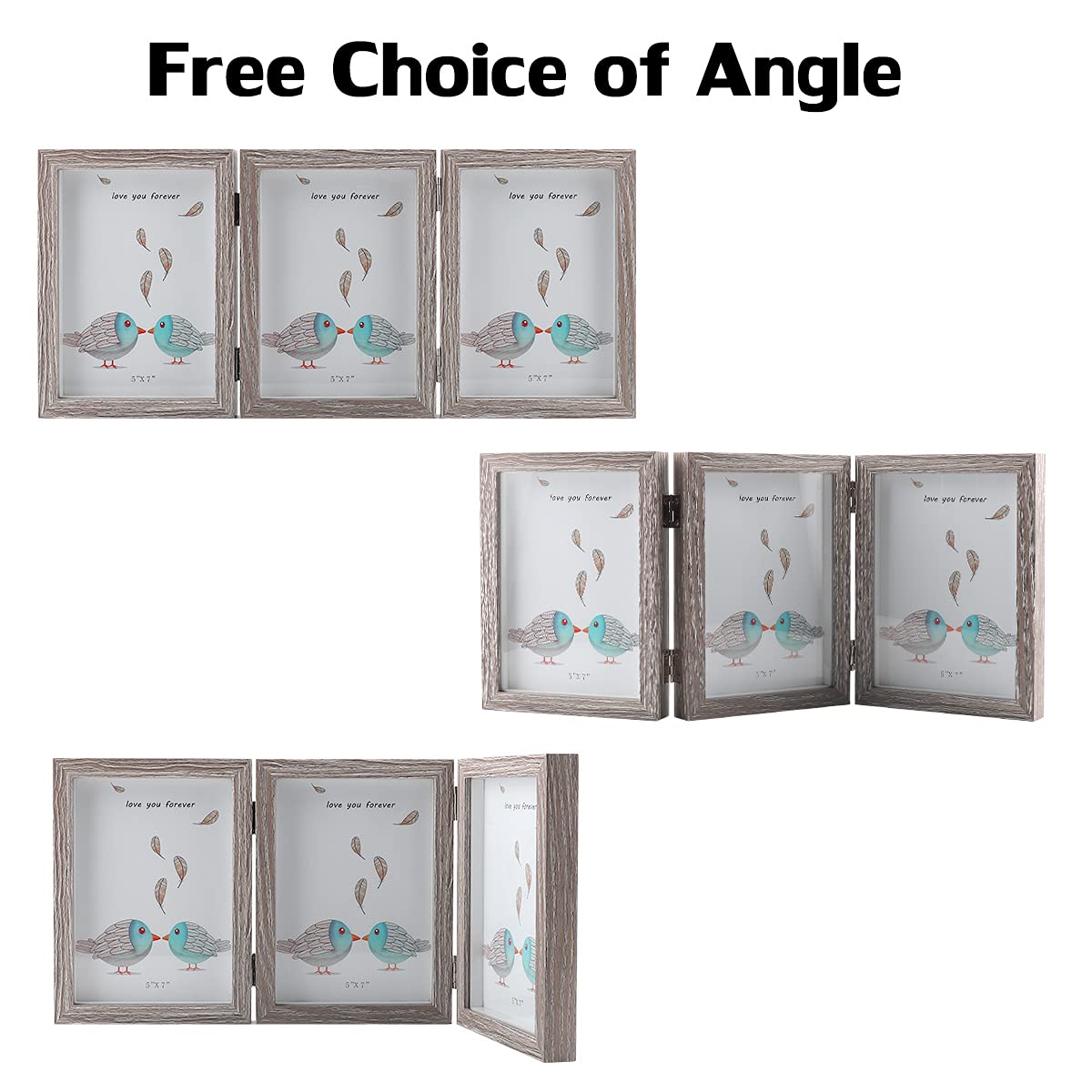 5x7 Triple Hinged Picture Frames Shadow Box MDF Wood Grey with Real Glass 3 Vertical Opening Family Lover Gift