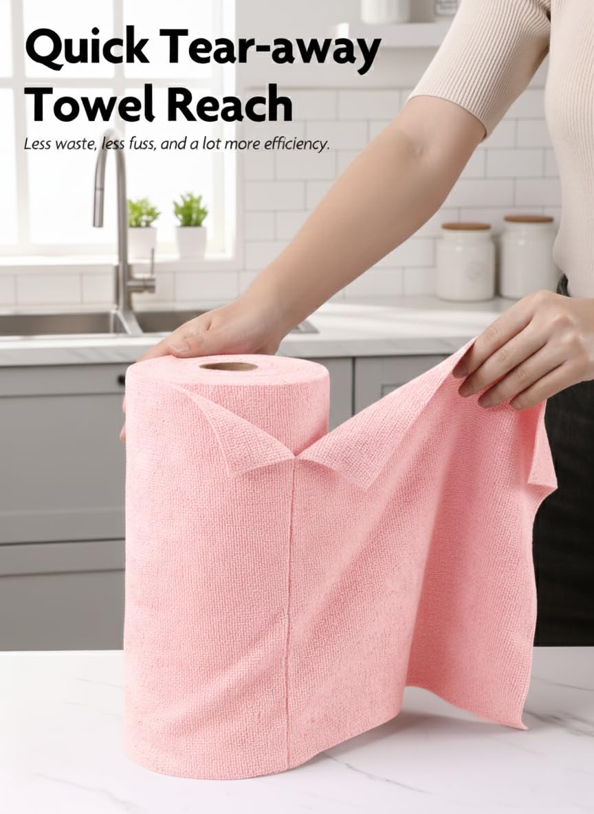 Fantasticlean Microfiber Cleaning Cloth Roll -60 Pack, Tear Away Microfiber Towels, 12" x 12", Reusable, Washable, Lint Free, Ultra Absorbent Dishcloth for All-Around Cleaning (Pink & Grey)