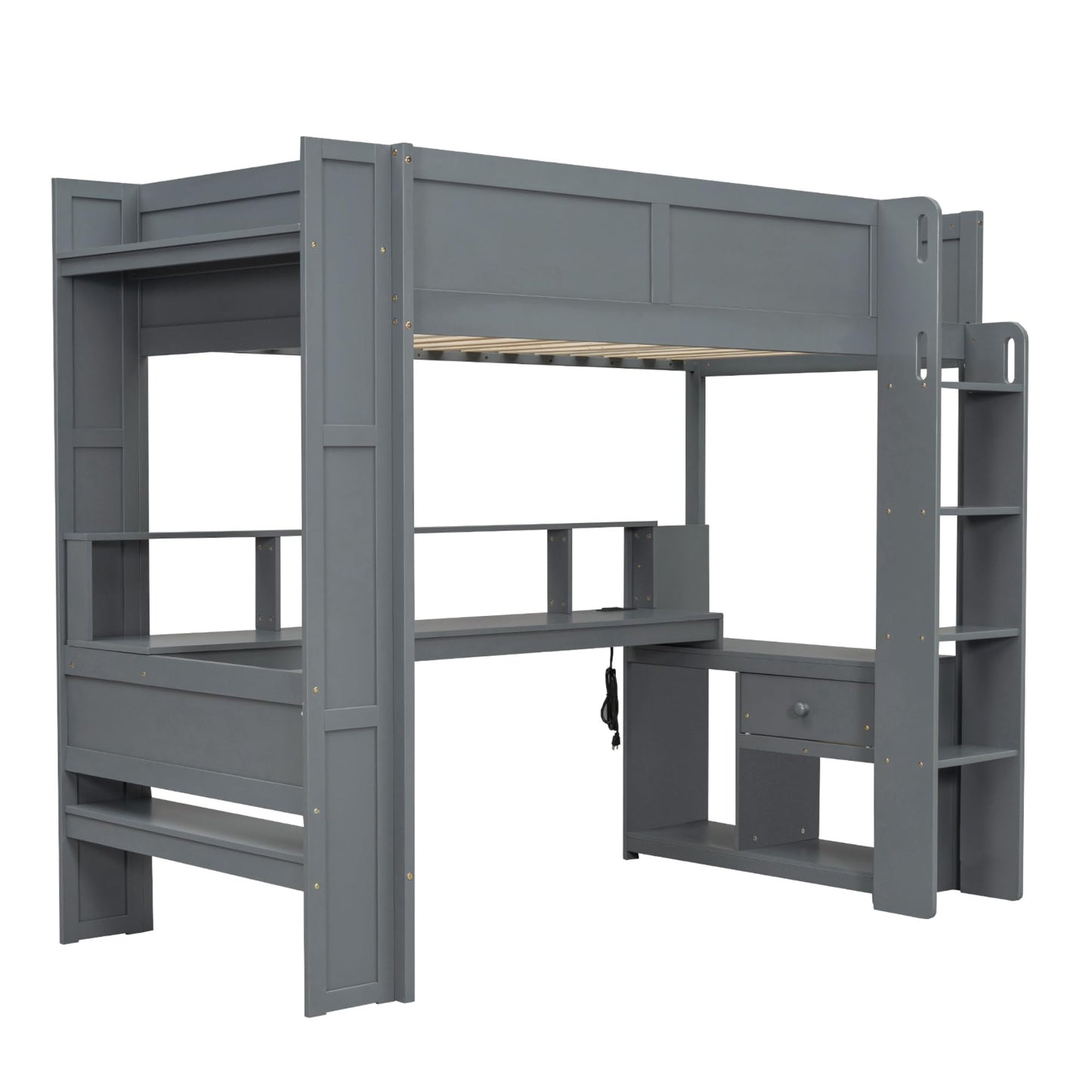 Ball & Cast Twin Size Gaming Loft Bed with Built-in Desk, LED and Charging Station,Wood Loft Bed Frame w/Multi-Storage Shelves,No Box Spring Needed,Ladder,for Kids,Teens,Adults,Dark Gray
