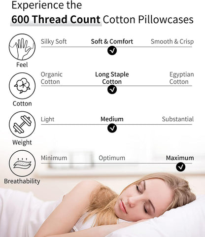Warmstar King Size Cotton Pillowcases - Set of 2, 600 Thread Count, Soft & Breathable White 20x36 Inches