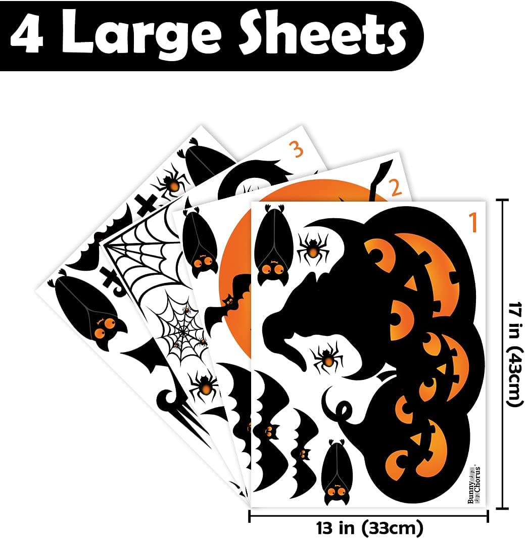 Extra Large Halloween Decorations Window Clings Decor, Spooky Witch Black Cat Pumpkin Silhouette Stickers, 4 Sheets