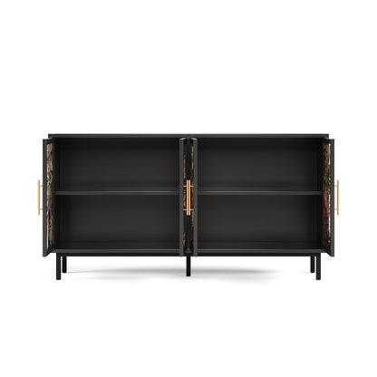 GDFStudio 60.3" Retro Buffet Sideboard Cabinet with 4 Glass Doors, Modern Glazed Painting Art Storage Cabinet Console Table, Artistic Tropical Glass Credenza Buffet for Living Room Dining Room, Black