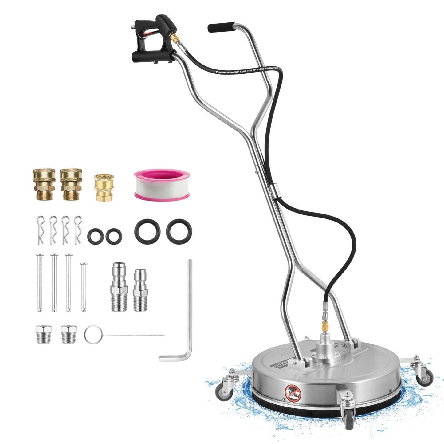 24''Pressure Washer Surfaces Cleaner, 4500PSI Stainless Steel Surfaces Cleaner Attachment with Wheels, Power Washer Accessory for Driveway Sidewalk Curb Deck Patio Cleaning, 3/8'' Quick-Connect