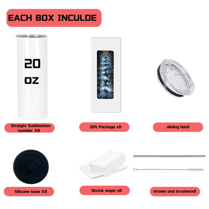 Stvyar 20oz Flat edge sublimation tumblers ，White skinny insulated Sublimation tumbler Straight Cups with Individual Gift Box, Silicone Bottom Polymer Coating for Heat Transfer (8, white)