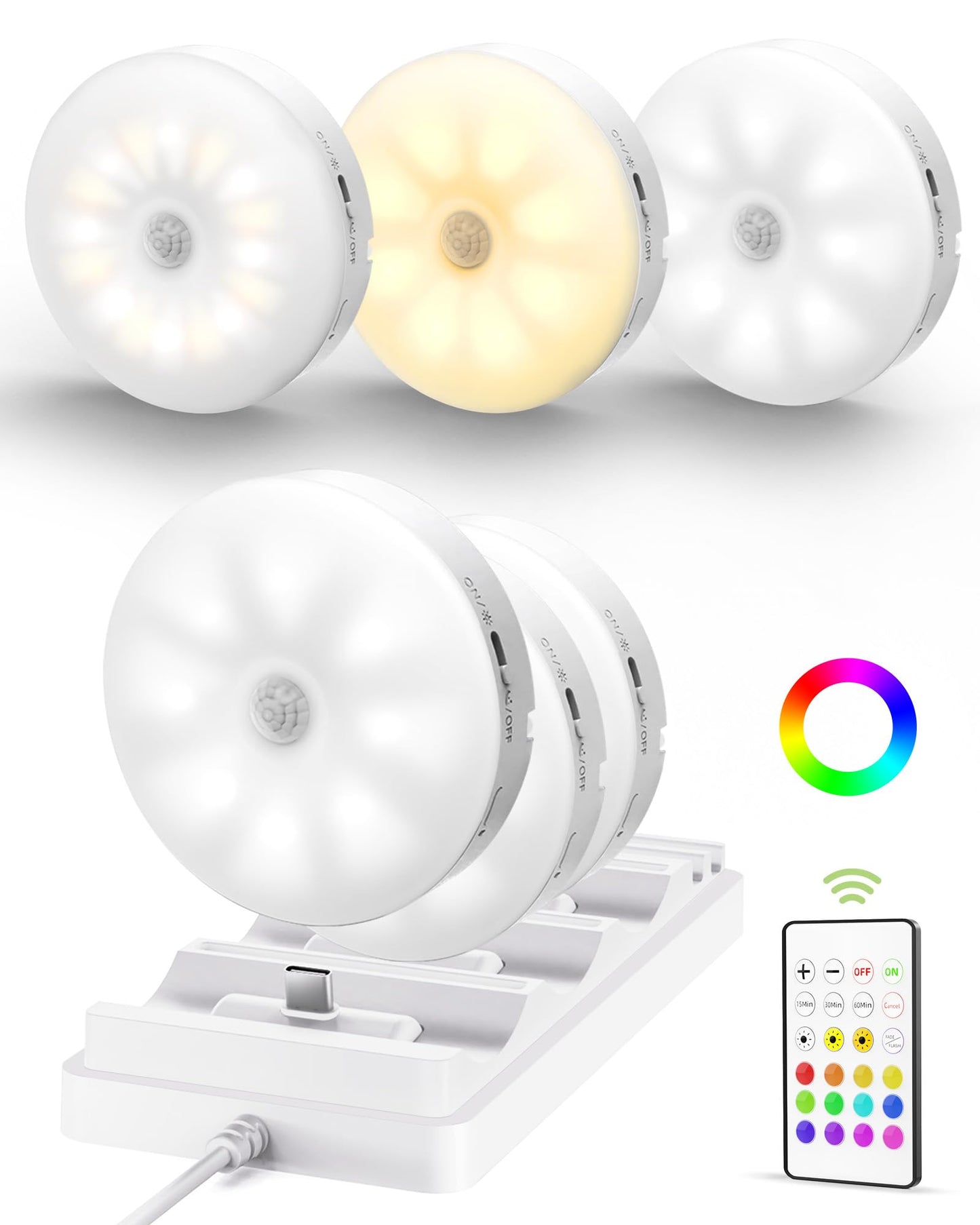 EZVALO Under Cabinet Lighting with Charging Station, 1000mAh Rechargeable Puck Lights with Remote, 3 Color Temps & 12 RGB Closet Lights, Dimmable Motion Sensor Lights for Shelf, Kitchen (6 Packs)